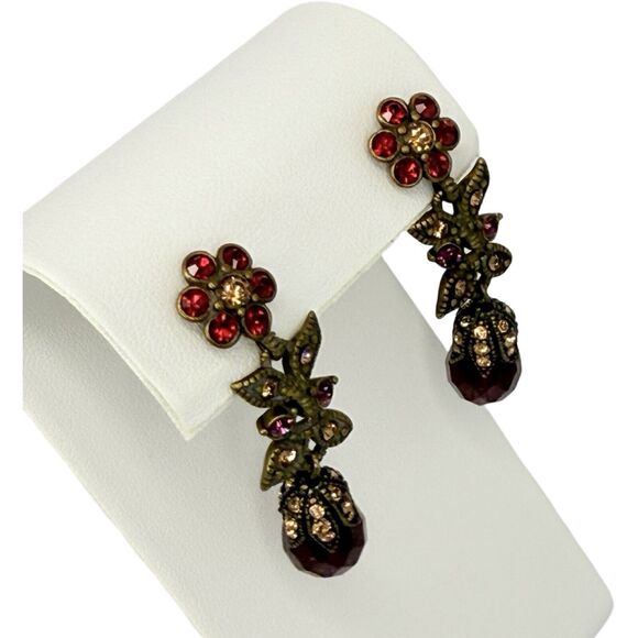 Hobe Red Flower Dangle Drop Earrings 2" Crystal Jewels Of Legendary Splendor - Picture 5 of 13